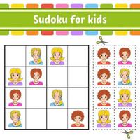 sudoku para niños. hoja de trabajo de desarrollo educativo. página de actividades con imágenes. juego de rompecabezas para niños. entrenamiento del pensamiento lógico. personaje divertido ilustración vectorial vector