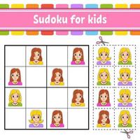 sudoku para niños. hoja de trabajo de desarrollo educativo. página de actividades con imágenes. juego de rompecabezas para niños. entrenamiento del pensamiento lógico. personaje divertido ilustración vectorial vector