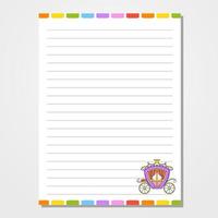 Sheet template for notebook, notepad, diary. Lined paper. Cute character. With a color image. cartoon style. Vector illustration.