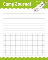 Lined sheet template for camp journal. Handwriting paper. For diary, planner, checklist, wish list. With cute character. Vector illustration.