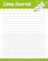 Lined sheet template for camp journal. Handwriting paper. For diary, planner, checklist, wish list. With cute character. Vector illustration.