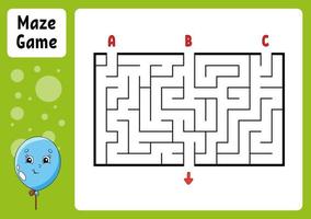 Rectangle maze. Game for kids. Three entrances, one exit. Education worksheet. Puzzle for children. Labyrinth conundrum. Find the right path. cartoon character. Vector illustration.