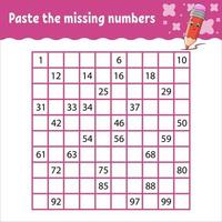 Paste the missing numbers from 1 to 100. Handwriting practice. Learning numbers for kids. Education developing worksheet. Activity page. Vector illustration.