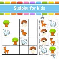 sudoku para niños. hoja de trabajo de desarrollo educativo. página de actividades con imágenes. juego de rompecabezas para niños. entrenamiento del pensamiento lógico. ilustración vectorial aislada. personaje divertido. estilo de dibujos animados. vector