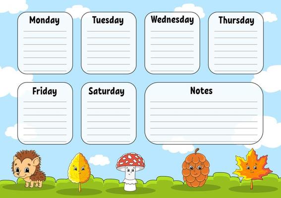School timetable. For the education of children. Isolated on color background. With a cute cartoon character. Vector illustration.