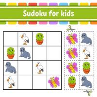 sudoku para niños. hoja de trabajo de desarrollo educativo. página de actividades con imágenes. juego de rompecabezas para niños. entrenamiento del pensamiento lógico. personaje divertido ilustración vectorial vector