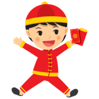 Happy chinese new year boy cartoon character in traditional clothes celebrate png