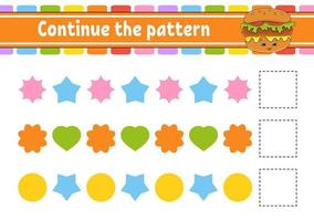 Continue the pattern. Education developing worksheet. Game for kids. Activity page. Puzzle for children. Riddle for preschool. Cute cartoon style. Vector illustration.