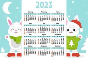 Color calendar for 2023 with a cute character rabbit. Week starts on Sunday. Fun and bright design. cartoon style. Vector illustration.