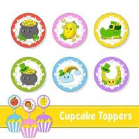 Cupcake Toppers. Set of six round pictures. cartoon characters. Cute image. For birthday, baby shower. Isolated on white background. Vector illustration.