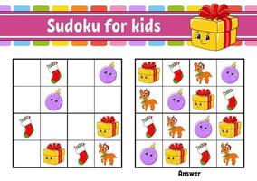 sudoku para niños. hoja de trabajo de desarrollo educativo. personaje animado. página de actividades de colores. juego de rompecabezas para niños. entrenamiento del pensamiento lógico. ilustración vectorial vector