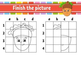 Finish the picture. Coloring book pages for kids. Education developing worksheet. Game for children. Handwriting practice. cartoon character. Vector illustration.