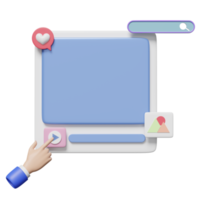 3D social media or communication online platform with play icons, search bar, photo frame, love bubbles chat isolated. 3d render illustration png