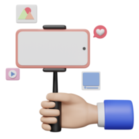 3D social media with hand holding mobile phone, smartphone, tripod icons isolated. online video live streaming, communication applications template concept, 3d render illustration png