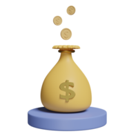 3d cylinder stage podium with money bags dollars, coins isolated. loan approval, business banking, investment concept, 3d render illustration png