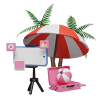 3D social media summer travel with mobile phone, smartphone, tripod, suitcase, umbrella, ball isolated. online video live streaming, notification concept, 3d render illustration png