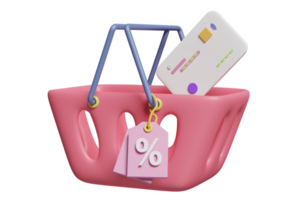 3d korting verkoop icoon voor boodschappen doen online met roze boodschappen doen kar, mand, credit kaart, prijs tags coupon geïsoleerd. afzet Promotie bonussen concept, 3d geven illustratie png