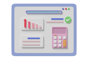 3d läsplatta dator med finansiell Rapportera diagram Graf på skärm Sök bar, kalkylator isolerat. uppkopplad marknadsföring, företag strategi, data analys, 3d framställa illustration png