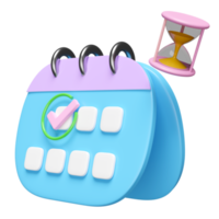 3D-Kalender mit Sanduhr, Häkchen-Icons, markiertes Datum isoliert. terminkonzept planen, 3d-renderillustration png