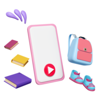 Smartphone 3D com livro, mochila, livro didático, tênis, sapatos, ícone de mochila escolar isolado. educação, aprender online, de volta ao conceito de escola, ilustração de renderização 3d png