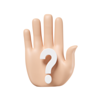 3d hand stop symbol with white question mark isolated. FAQ, stop questioning concept, 3d render illustration png