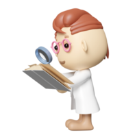Main de personnage de garçon de dessin animé 3d tenir un livre ouvert avec une icône de loupe isolée. étudier, rechercher un concept, illustration de rendu 3d png