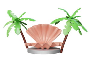 3d cylinder stage podium empty with shellfish, coconut palm tree isolated. modern stage display, minimalist mockup, abstract showcase background. Concept 3d render illustration png