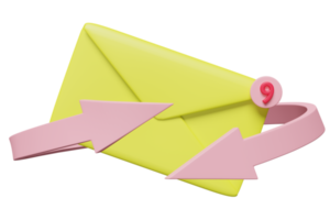 Envelope amarelo 3D, carta com mensagem de notificação, seta isolada. boletim informativo mínimo de notificação, e-mail recebido on-line, conceito circular de e-mail, ilustração de renderização 3d png