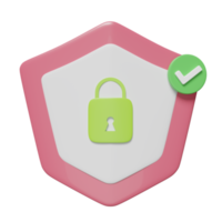 Bouclier 3d avec serrure, cadenas, clé, icône de coche isolée. sécurité Internet ou protection de la vie privée ou concept de protection contre les rançongiciels, illustration de rendu 3d png