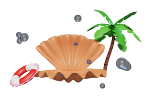 3d shellfish with lifebuoy, palm tree, water splash isolated. modern stage display, summer travel concept, 3d render illustration png