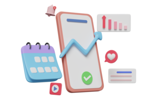 Medios sociales 3d con teléfono móvil, íconos de teléfonos inteligentes, calendario gráfico de flechas, campana de notificación aislada. social en línea, concepto de aplicaciones de comunicación, ilustración de presentación 3d png
