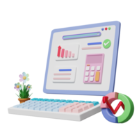 3d finansiell Rapportera diagram och Graf på bärbar dator skärm med Sök bar, kalkylator isolerat. uppkopplad marknadsföring, företag strategi, data analys, begrepp, 3d framställa illustration png