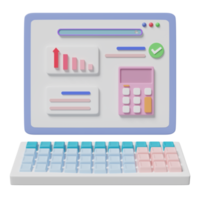 3D-Finanzberichtsdiagramme und Diagramm auf Laptop-Bildschirm mit Suchleiste, Taschenrechner isoliert. online-marketing, geschäftsstrategie, datenanalyse, konzept, 3d-darstellung png