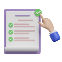 Icono de papel de lista de verificación blanca de portapapeles púrpura 3d con marca de verificación de mano aislada. plan de proyecto, estrategia empresarial, concepto de control de calidad, ilustración de presentación 3d png