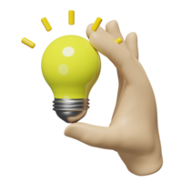 A mão 3D mantém a lâmpada isolada. conceito de dica de ideia de negócio, resumo mínimo, ilustração de renderização 3d png
