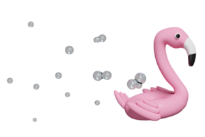 Flamingo inflável rosa 3d com respingos de água, copie o espaço isolado. conceito de viagens de verão, ilustração de renderização 3d png