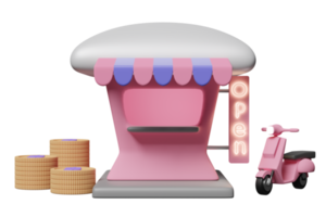 Café de magasin de construction 3d avec des piles de pièces de monnaie en dollars, signe ouvert, scooter isolé. concept d'entreprise de franchise de démarrage, illustration de rendu 3d png