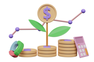3d lugg mynt stack med träd, Graf, kalkylator isolerat. finansiell Framgång och tillväxt eller sparande pengar begrepp, 3d framställa illustration png