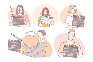 Filmmaking workers with clapperboard concept. Young positive men and women working in cinema production with movie clapperboard and clapping for another take during filmmaking vector illustration