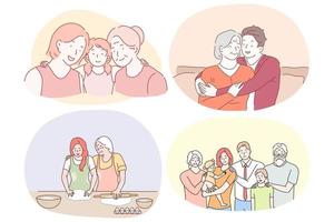 abuela y nieto, familia feliz con concepto de abuelos. abuelos felices y sonrientes ayudando a los niños a cocinar, sintiendo el amor de los parientes y haciendo una foto familiar juntos ilustrando vector