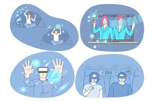 Virtual reality and cyberspace through 3d glasses concept. Young surprised women and men wearing special masks and glasses for simulation cyberspace touching space in futuristic digital reality vector