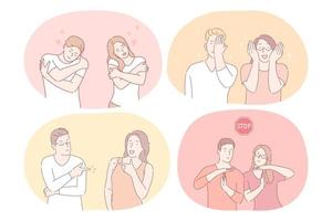 Couple expressing different emotions and signs with hands concept. Young couple cartoon characters showing embracing, care, stop sign, covering face and eyes with hands, pointing at each other vector