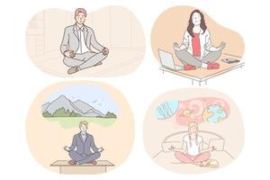 meditación, relajación, alcanzar la armonía durante la jornada laboral y antes del concepto de sueño. hombres y mujeres jóvenes meditando y practicando relajación de yoga en posición de loto en la oficina y en casa en la cama