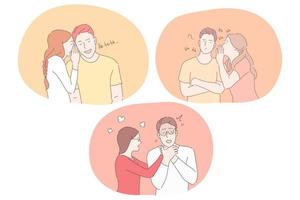 amor, odio y diferentes emociones en el concepto de relaciones de pareja. personajes de dibujos animados de parejas jóvenes coqueteando, susurrando secretos, hablando, peleando y expresando varias emociones ilustración vectorial vector