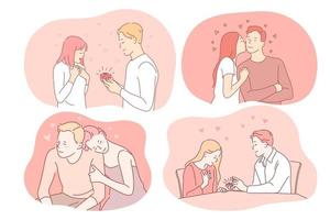 Love, dating, proposal, engagement, relationship, togetherness, couple concept. Young loving happy couple cartoon characters feeling love, making proposal, enjoying time together and kissing vector