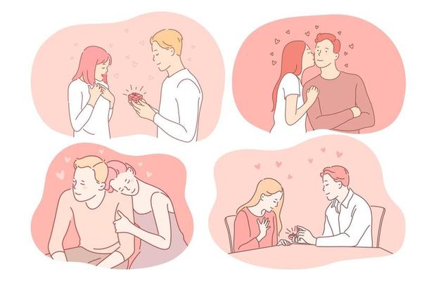 Love, dating, proposal, engagement, relationship, togetherness, couple concept. Young loving happy couple cartoon characters feeling love, making proposal, enjoying time together and kissing