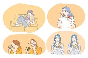 Unhealthy eating, fast and junk food, calories concept. Young girls cartoon characters eating fast food cake, donuts, hamburger, pizza at home or in cafe. Overweight, snack, lifestyle, harmful eating vector
