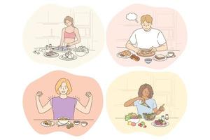 Healthy food, clean eating, diet, weight loss, nutrition, ingredients concept. Young positive people men and women cartoon characters eating healthy meals living healthy lifestyle. Wellness, bodycare vector