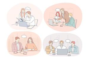 Teamwork, brainstorming, discussion, business, startup, negotiations concept. Business people partners coworkers cartoon characters discussing projects and startups together in office with laptops vector