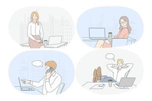 trabajando en oficina, computadora portátil, interior moderno de la empresa, puesta en marcha, concepto de comunicación en línea. personajes de dibujos animados de hombres y mujeres jóvenes sentados en el lugar de trabajo, trabajando en cuadernos, comunicándose, pensando vector